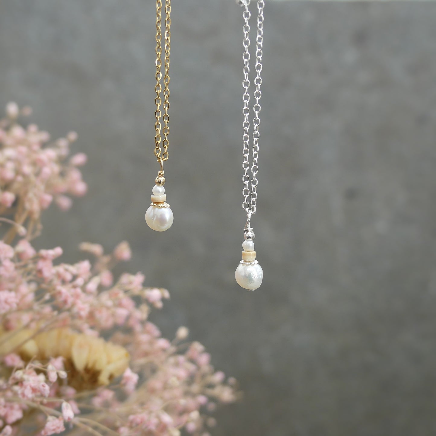 handgemaakte duurzame parel ketting met schelp in goud of zilver