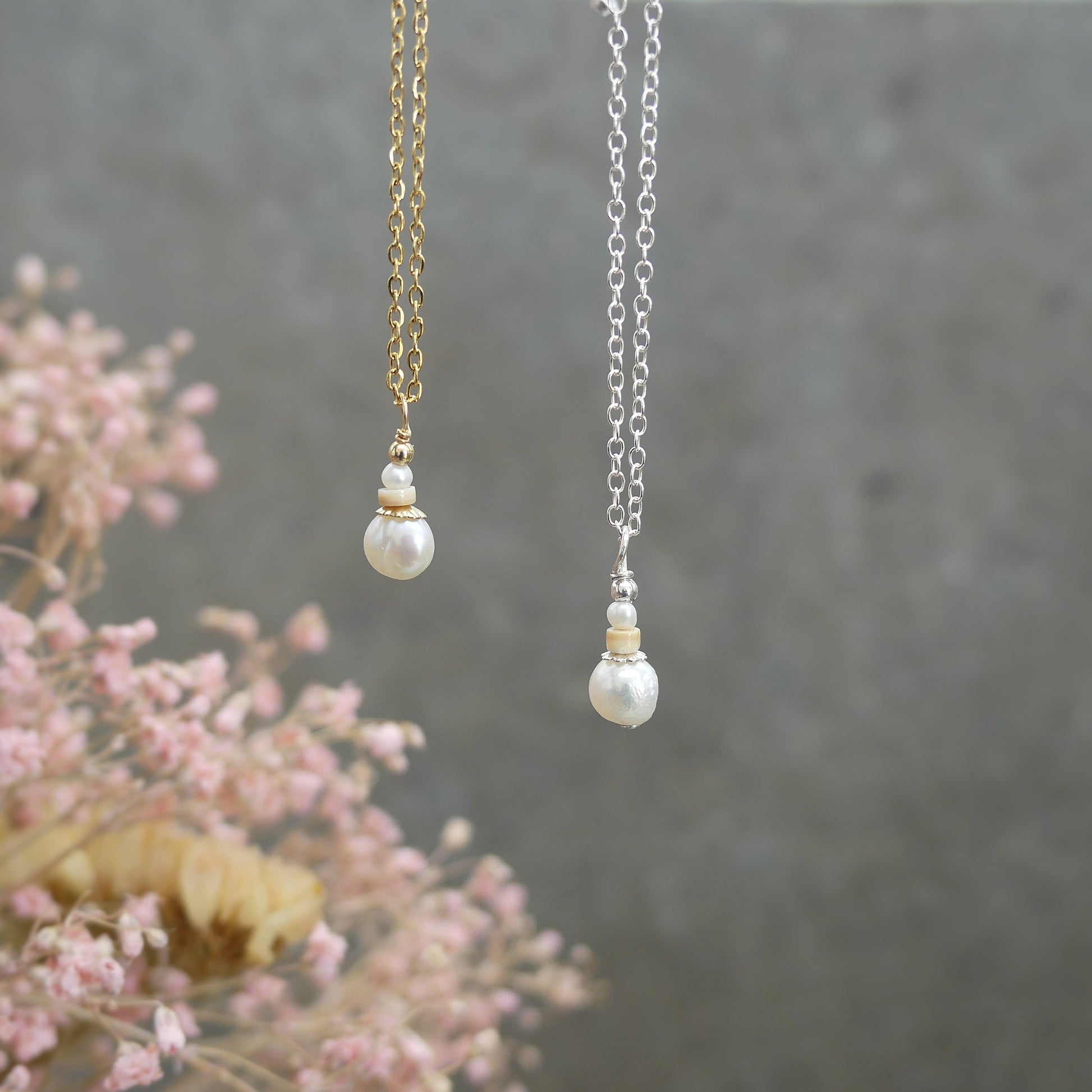 handgemaakte duurzame parel ketting met schelp in goud of zilver
